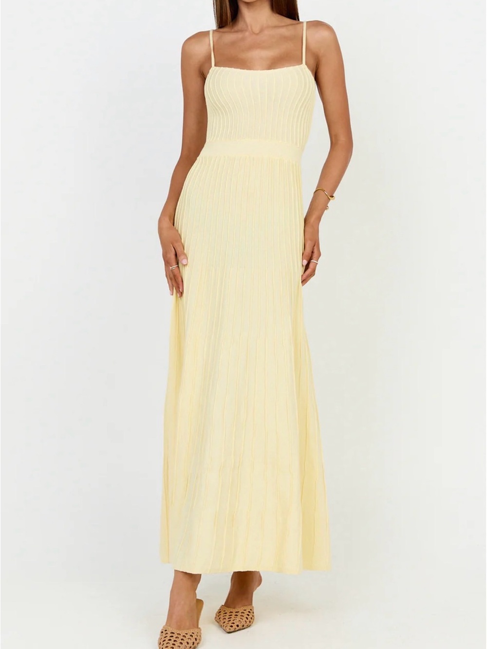 Women's Cream Ribbed Maxi Dress with Spaghetti Straps